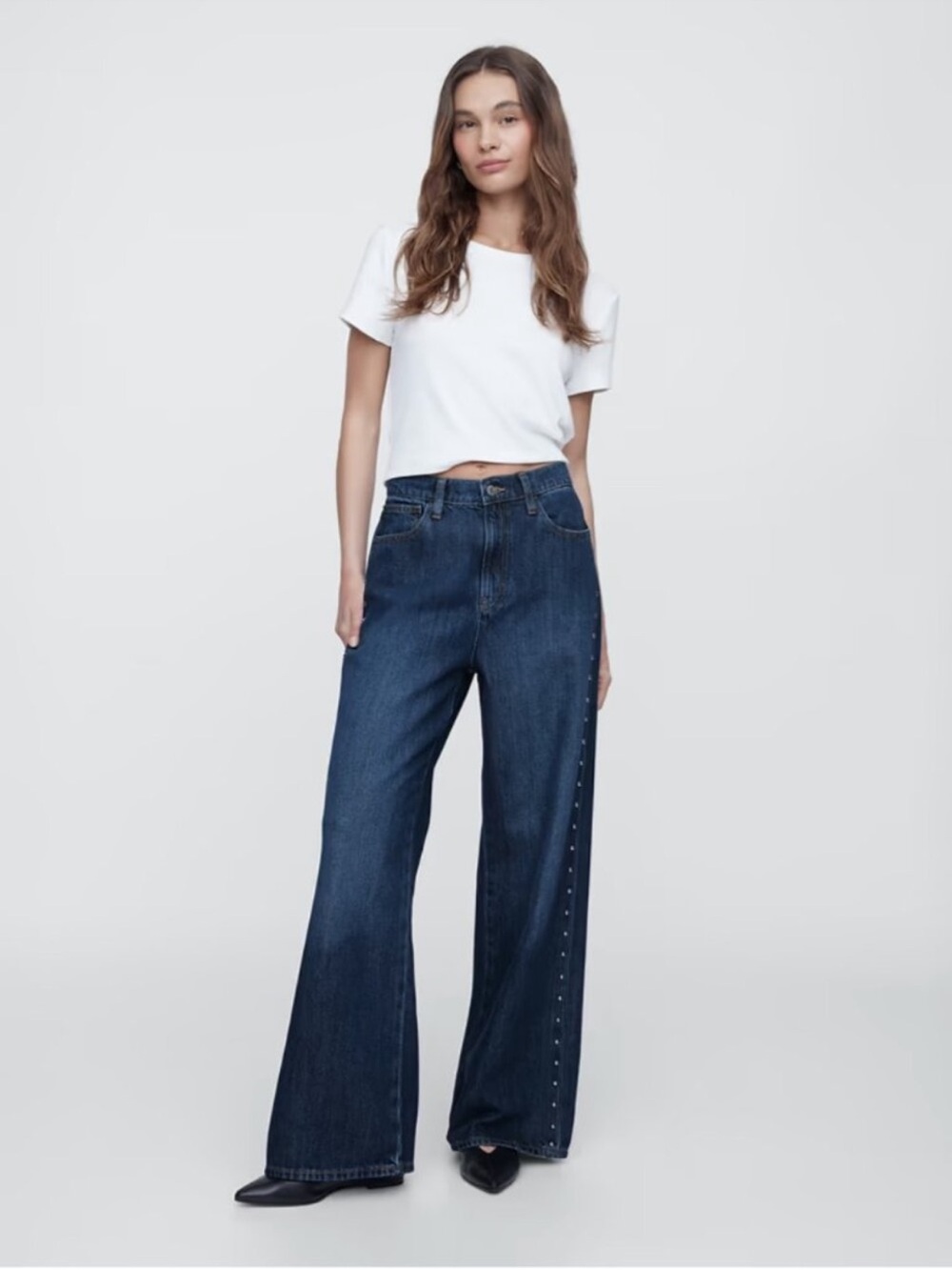 Old Navy Studded High-Rise Wide Leg Dark Blue Jeans Moto Western Cotton Lyocell